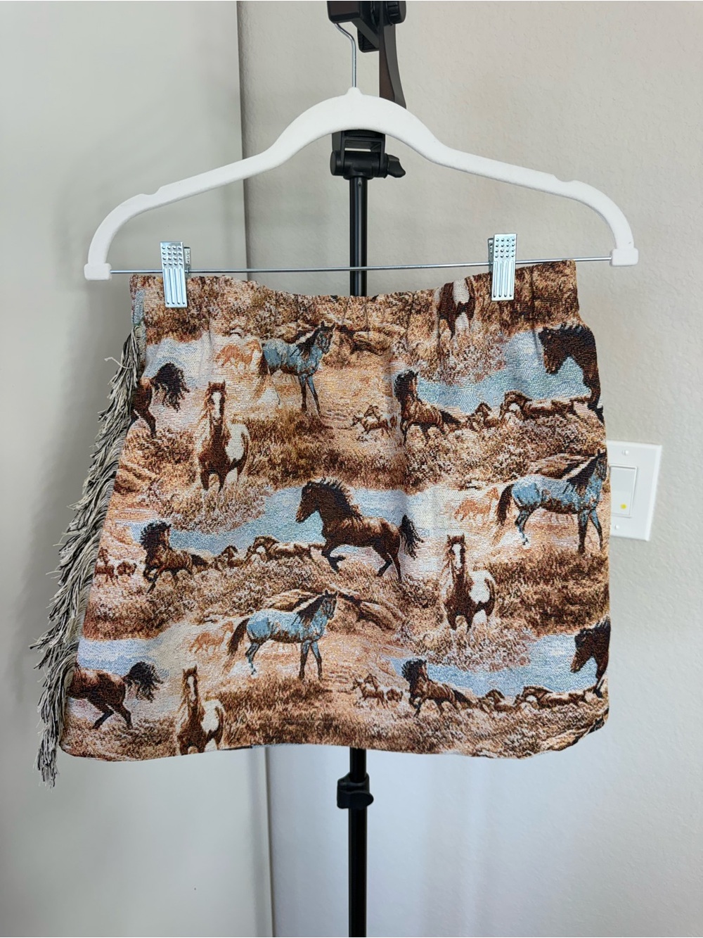 Miss Lola Equestrian Tapestry Mini Skirt in Brown and Blue